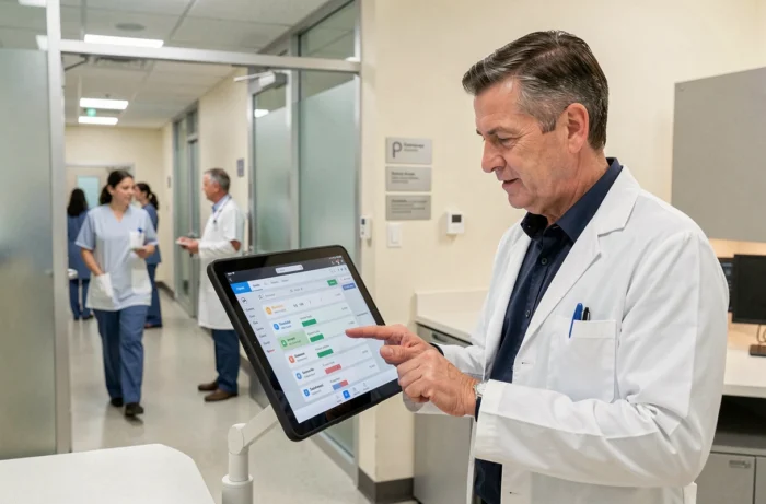 Médecin consultant un logiciel infirmier sur tablette dans un couloir de clinique