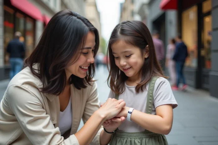 Mère ajustant un bracelet GPS sur le poignet de sa fille en ville, soulignant l'importance de la protection des enfants