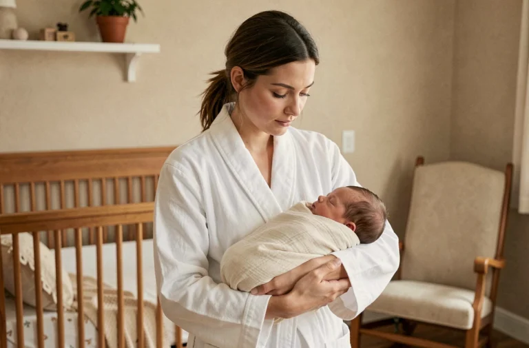 Jeune mère tenant tendrement son nouveau-né dans une chambre de bébé cosy et naturelle