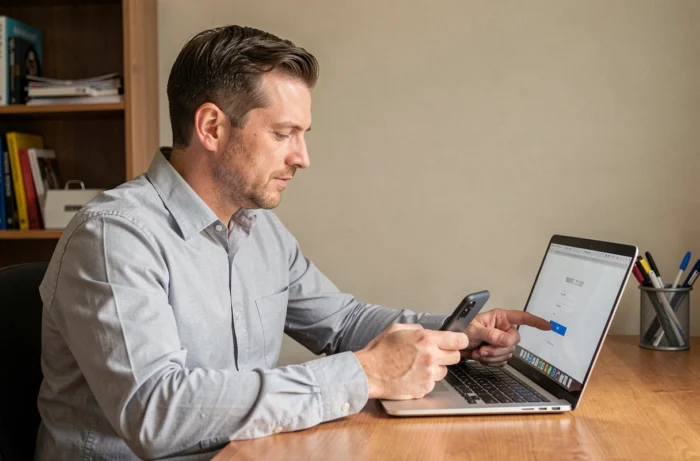 Homme saisissant un code de double authentification sur smartphone et ordinateur portable
