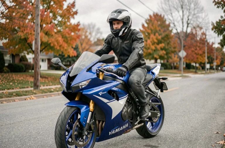 Motard en tenue homologuée sur une Yamaha R6 adaptée au permis A2, vue trois quarts avant sur route