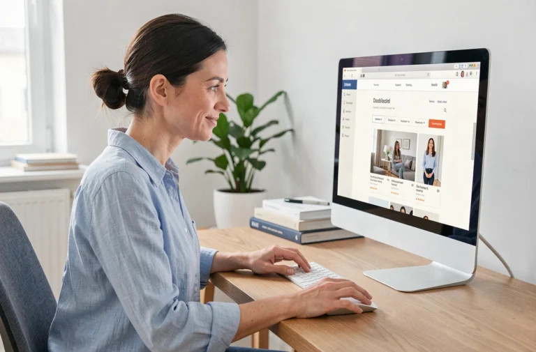 Femme naviguant facilement sur le site Retbutiko depuis un bureau moderne à domicile