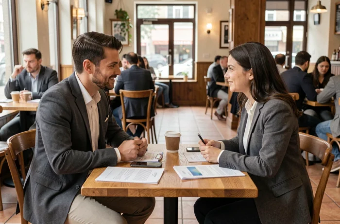 Deux jeunes professionnels en session de networking dans un café, échangeant des conseils pour leur recherche d'emploi