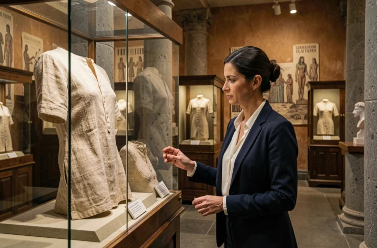 Conservatrice de musée examinant un vêtement en lin de l'Égypte ancienne dans une vitrine d'exposition sur l'histoire de la mode
