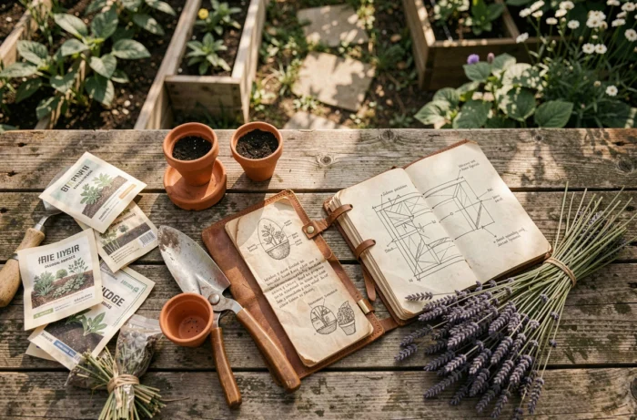 Vue aérienne d'une table de jardinage avec des outils, des graines et des plans pour l'aménagement d'un jardin naturel