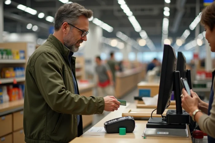 Homme effectuant un paiement en plusieurs fois sans frais à la caisse d'un magasin IKEA avec sa carte bancaire