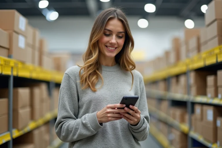 Femme consultant les options de paiement en plusieurs fois sans frais sur son smartphone dans un magasin IKEA