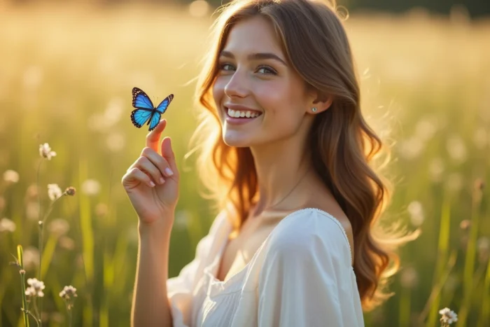 Jeune femme en robe blanche avec un papillon bleu sur le bout du doigt dans une prairie fleurie, illustrant la signification porte-bonheur du papillon bleu