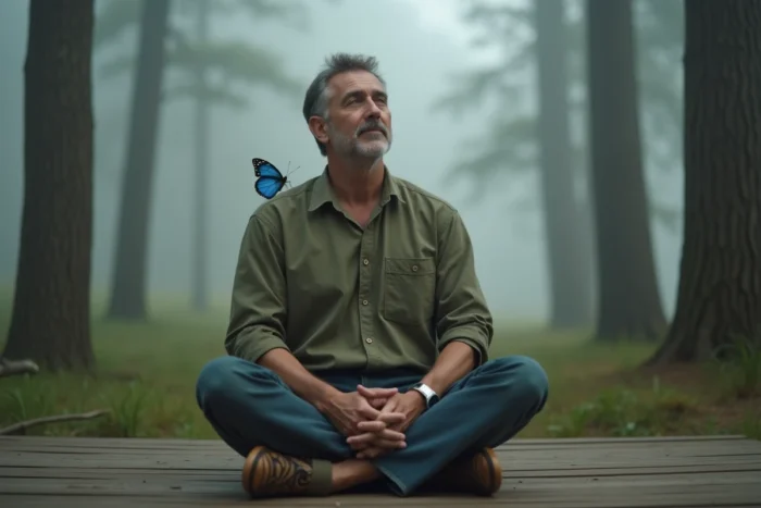 Papillon bleu posé sur l'épaule d'un homme méditant en forêt brumeuse, évoquant la symbolique spirituelle du papillon bleu