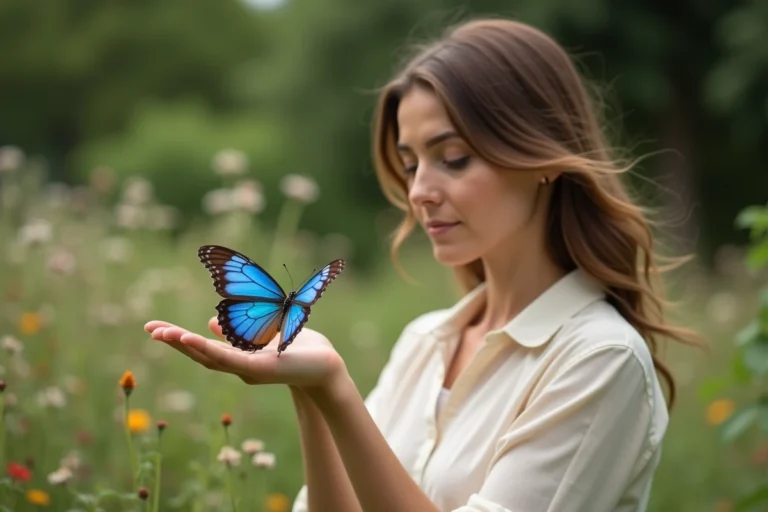 Papillon bleu morpho posé sur la main d'une femme dans un jardin fleuri, symbolisant un moment de connexion spirituelle avec la nature