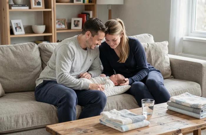 Couple de jeunes parents souriants avec leur nouveau-né dans un salon familial chaleureux