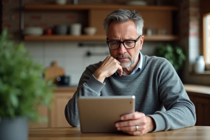 Homme consultant une estimation immobilière en ligne sur tablette à domicile