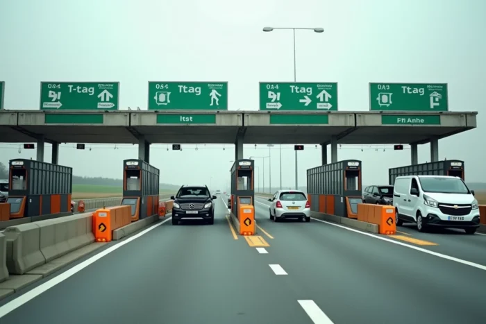 Péage autoroutier en France avec barrières et panneaux de signalisation verte