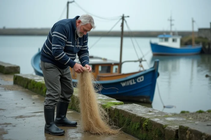 Pêcheur breton en marinière réparant ses filets sur un quai en pierre du port de Concarneau à marée basse