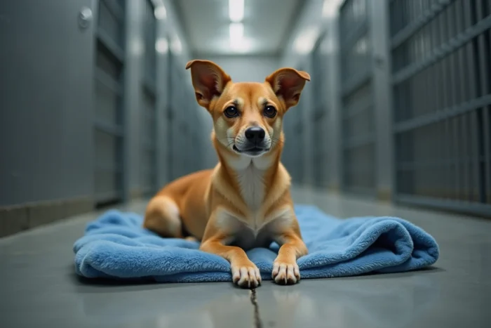 Petit chien de refuge attendant d'être adopté près de Langon, assis sur une couverture bleue dans un chenil