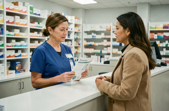 Pharmacienne expliquant une brochure médicale sur les maladies à une patiente en pharmacie