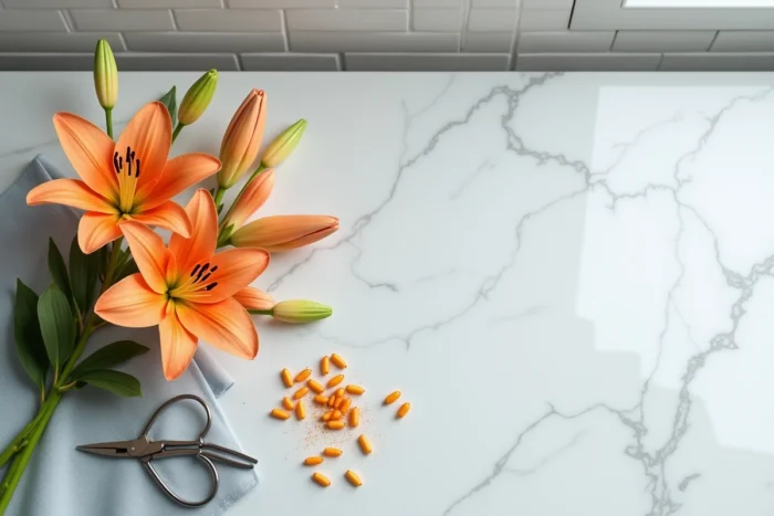 Vue de dessus de lys oranges sans étamines et ciseaux sur un plan de travail en marbre gris