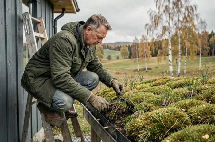 Homme norvégien installant des plantes sur un toit végétal contemporain d'un chalet scandinave en milieu rural