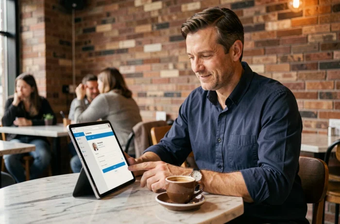 Homme utilisant une tablette pour se connecter à un espace client dans un café moderne