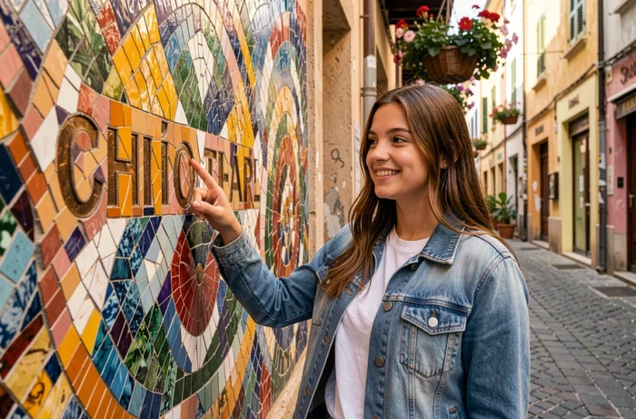 Adolescente traçant le prénom Alicia sur une mosaïque colorée dans une ruelle européenne pavée