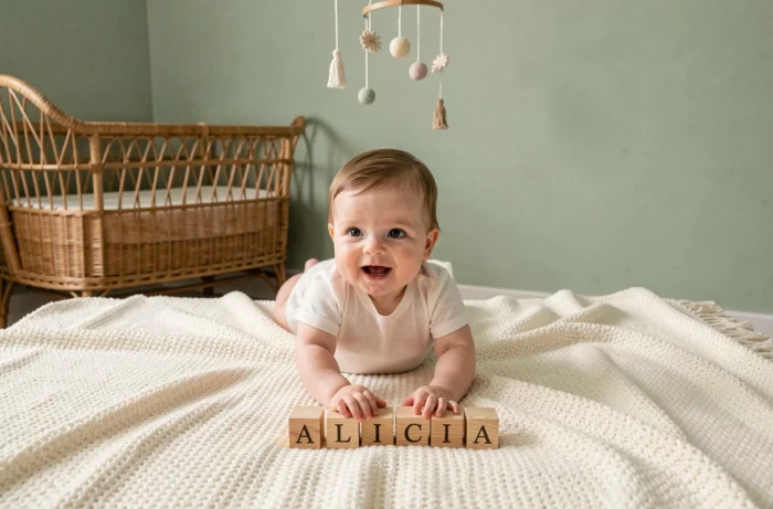 Bébé fille entourée de blocs en bois formant le prénom Alicia sur une couverture en tricot ivoire dans une chambre de bébé minimaliste