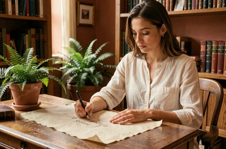 Jeune femme prénommée Alicia écrivant son prénom en calligraphie sur du parchemin dans un bureau vintage chaleureux