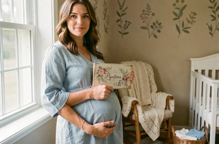 Femme enceinte tenant un panneau en bois avec un prénom de fille original dans une chambre de bébé décorée avec soin