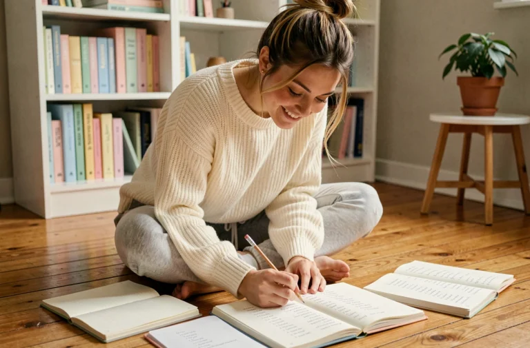 Jeune femme assise sur le sol entourée de cahiers avec des listes de prénoms de fille tendance pour 2025