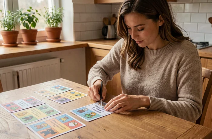 Une mère prépare des fiches de chasse au trésor Stitch imprimées à la maison pour ses enfants