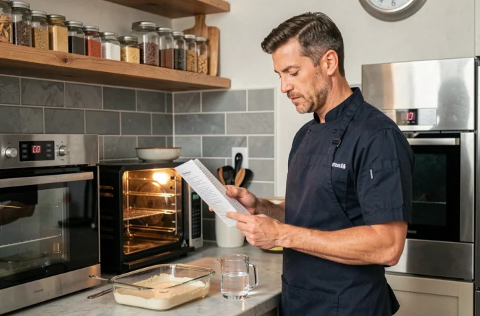 Homme consultant une recette avant de préparer une cuisson vapeur au four à la maison