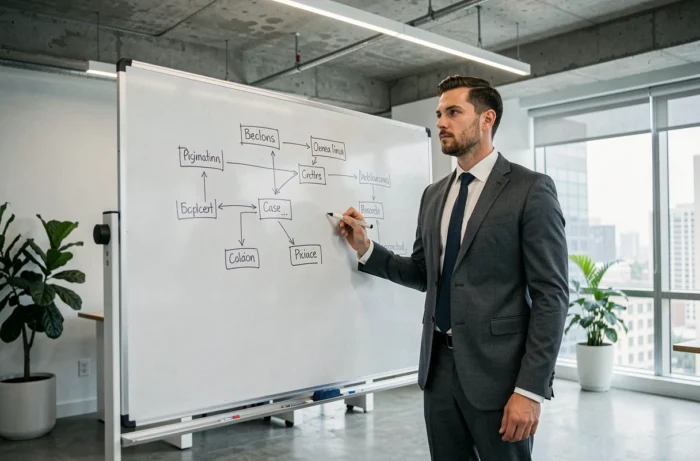 Consultant en costume présentant un cadre d'analyse au tableau blanc lors d'une préparation à l'entretien BCG