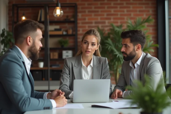 Une femme d'affaires présentant une stratégie B2B sur ordinateur portable à des collègues dans un espace de coworking moderne