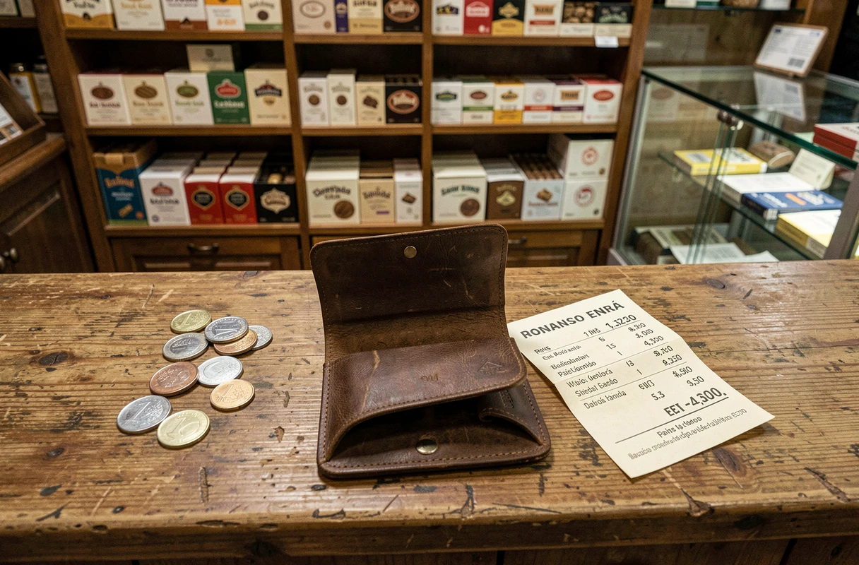 Pochette de tabac à rouler posée sur le comptoir d'un estanco espagnol avec des pièces en euros et une liste de prix