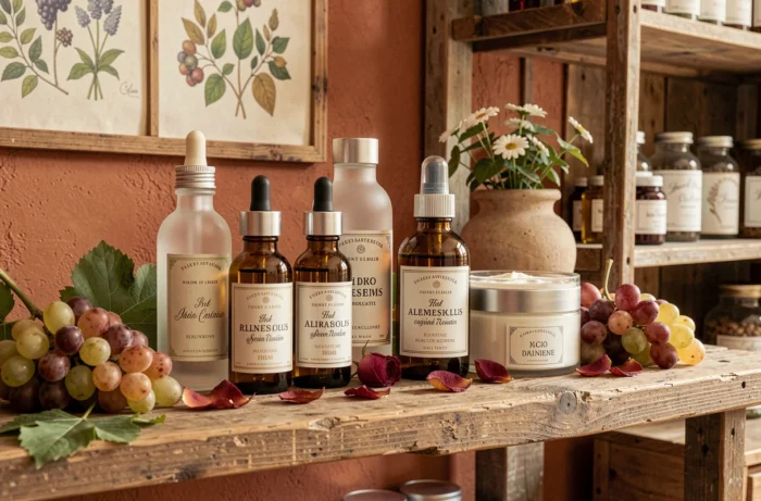 Produits de soins naturels français Nuxe et Caudalie alignés sur une étagère en bois avec raisins et pétales de rose
