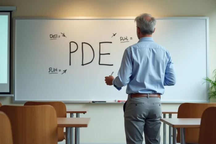 Professeur présentant l'acronyme PDE au tableau blanc dans une salle de cours universitaire