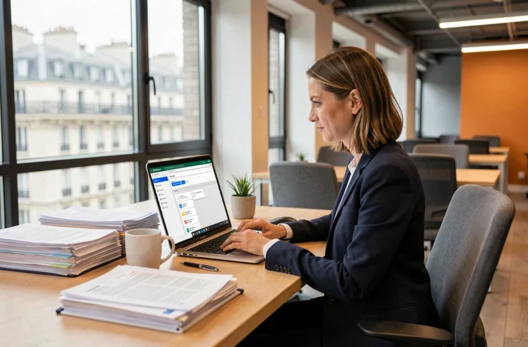 Professionnelle parisienne au bureau consultant un portail intranet sur son ordinateur portable