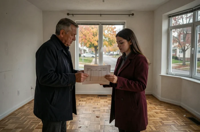 Propriétaire et locataire en train de consulter un document d'état des lieux dans un appartement vide sans électricité