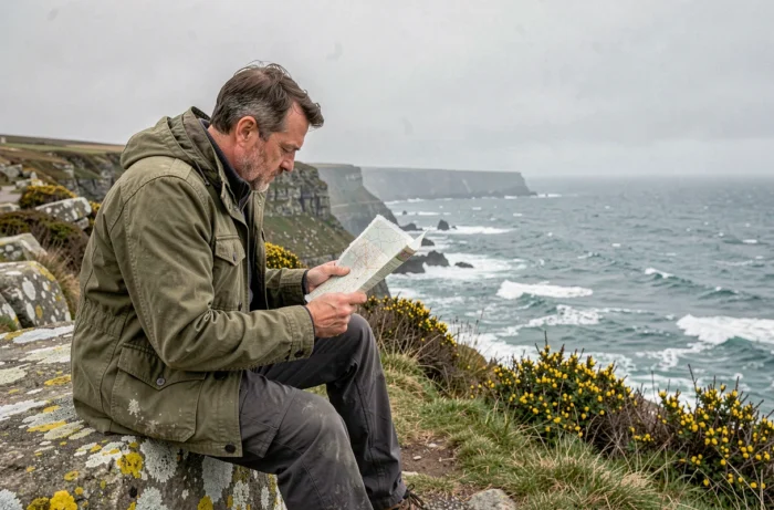 Randonneur consultant une carte sur une falaise bretonne face à l'océan Atlantique