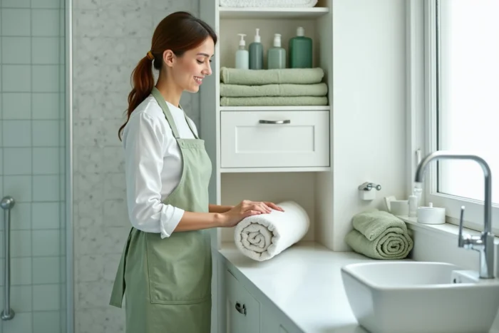 Femme rangeant serviettes et produits ménagers sur une étagère ouverte dans une salle de bain propre