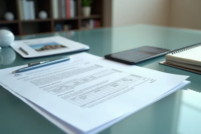 Rapport d'estimation immobilière imprimé posé sur un bureau avec smartphone et notes manuscrites