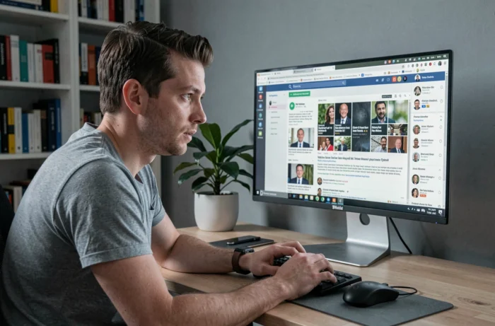 Personne effectuant des recherches en ligne sur une personnalité publique, illustrant la curiosité croissante des internautes pour la vie privée des célébrités et de leurs conjoints