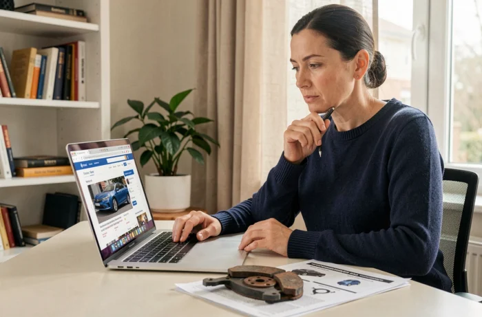 Femme recherchant des pièces auto en ligne depuis son bureau à domicile