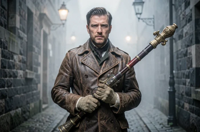 Reconstituteur historique en manteau victorien tenant une arme transformable dans une ruelle pavée brumeuse évoquant l'atmosphère de Bloodborne