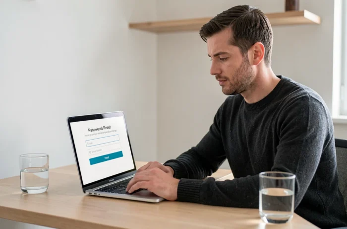 Homme utilisant le formulaire de réinitialisation de mot de passe sur son ordinateur portable