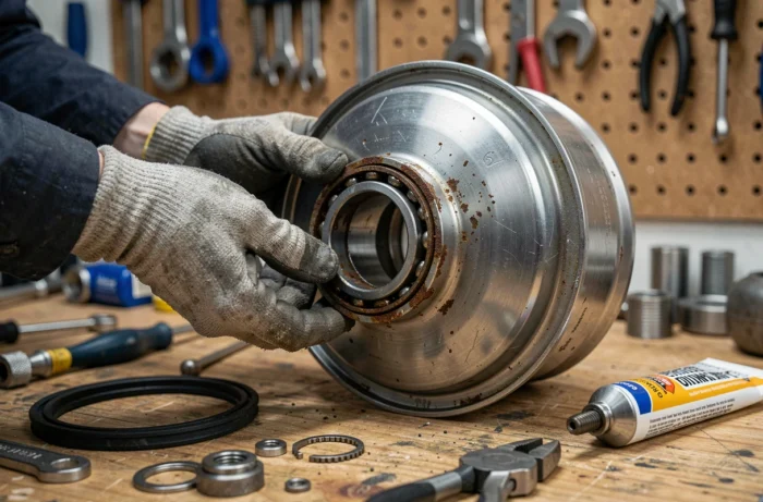 Gros plan sur le remplacement d'un roulement de tambour de machine à laver sur un établi de garage