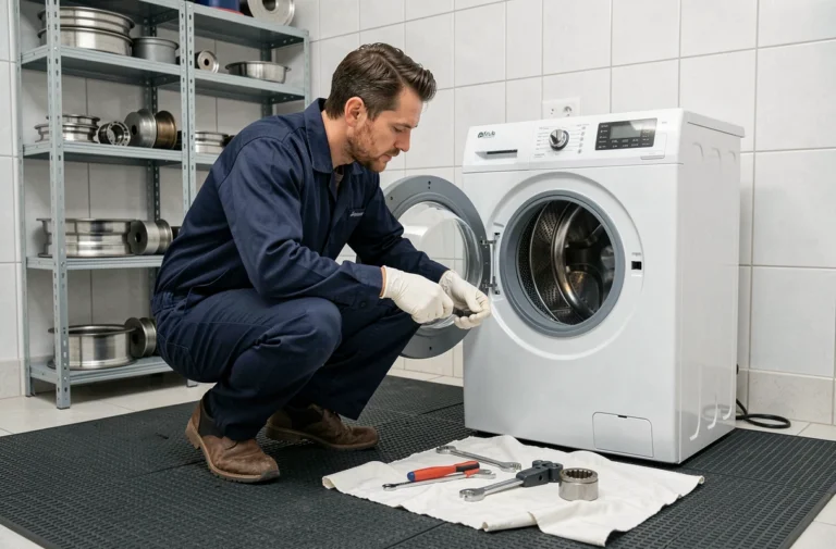 Technicien en uniforme réparant le tambour d'une machine à laver dans une buanderie bien organisée