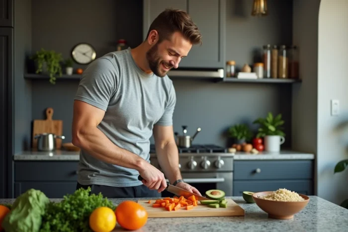 Homme préparant un repas sain équilibré pour lutter contre la prise de poids liée au stress