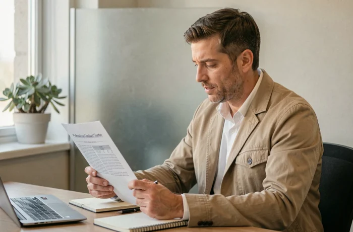 Professionnel lisant attentivement la charte d'utilisation du système informatique