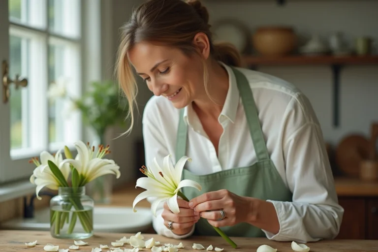 Femme retirant le pistil d'un lys blanc à la main au-dessus d'une table en bois rustique