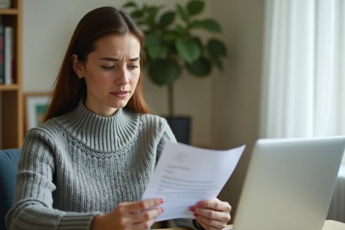 Femme à domicile lisant un courrier officiel de Pôle Emploi lié à une obligation de suivi Solerys et au risque de radiation